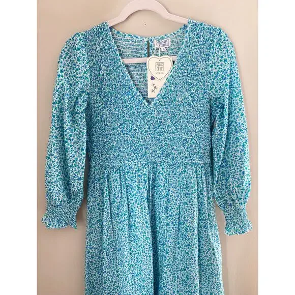 Pink City Prints Tuckernuck Ocean Ditsy Isabel V Neck Dress Long Sleeve Cotton - Picture 13 of 16